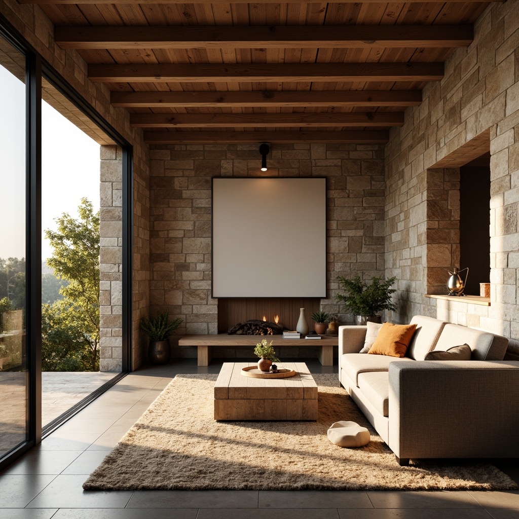 Prompt: Warm transitional interior, natural stone walls, reclaimed wood accents, earthy tone color palette, comfortable sofas, plush throw pillows, floor-to-ceiling windows, sliding glass doors, soft diffused lighting, morning sunlight, gentle shadows, 1/2 composition, relaxed atmosphere, cozy textures, subtle sheen materials, nature-inspired patterns.