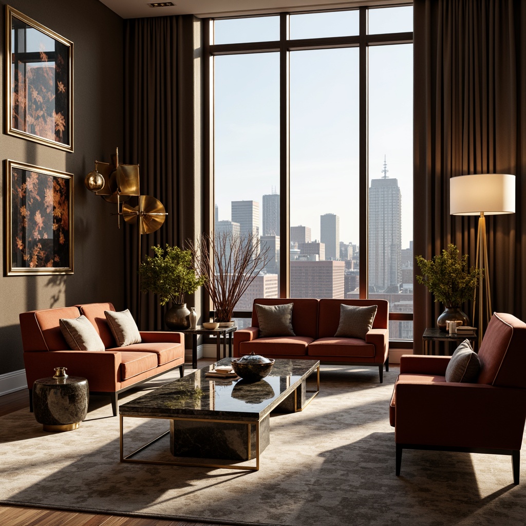 Prompt: Luxurious living room, bronze accents, sleek modern furniture, velvet upholstery, golden lighting fixtures, marble coffee tables, ornate metal frames, rich wood tones, lavish curtains, dramatic floor-to-ceiling windows, urban cityscape views, warm afternoon sunlight, soft focus blur, 1/2 composition, realistic reflections, ambient occlusion.