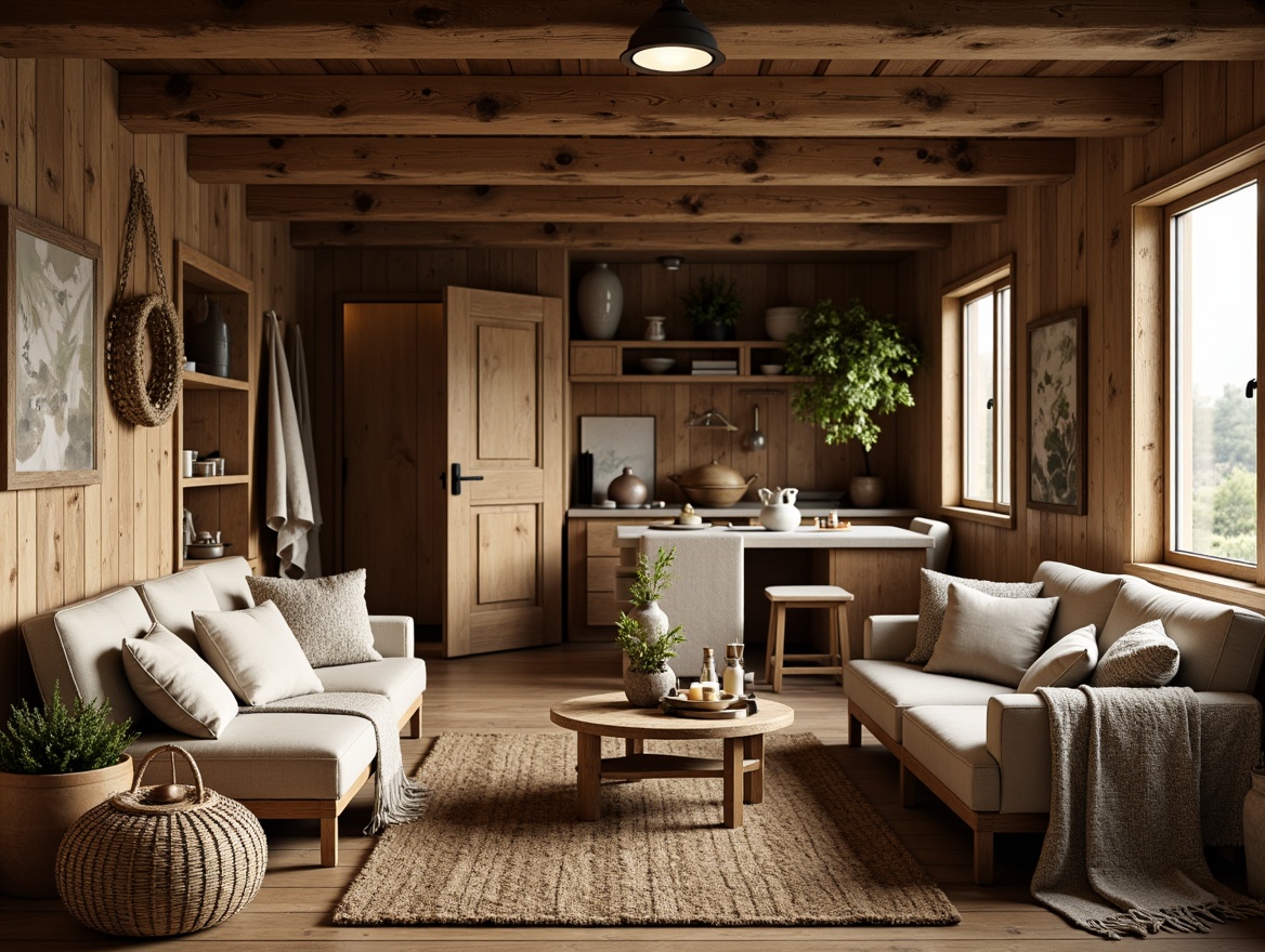 Prompt: Rustic cabin, wooden accents, natural fabrics, earthy tones, woven baskets, jute rugs, linen upholstery, distressed leather, vintage textiles, warm beige colors, cozy throw blankets, organic patterns, nature-inspired motifs, soft candlelight, warm rustic ambiance, 1/2 composition, shallow depth of field, realistic textures.