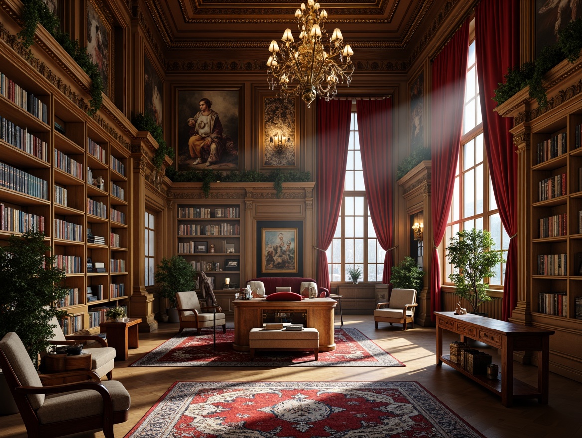 Prompt: Luxurious bookstore interior, ornate Baroque architectural details, rich wood tones, gilded accents, velvet drapes, intricately carved wooden shelves, leather-bound tomes, warm golden lighting, soft focus, atmospheric mist, 2/3 composition, intimate reading nooks, plush armchairs, ornamental rugs, lavish chandeliers, creamy whites, deep berry reds, majestic blues, antique golds.