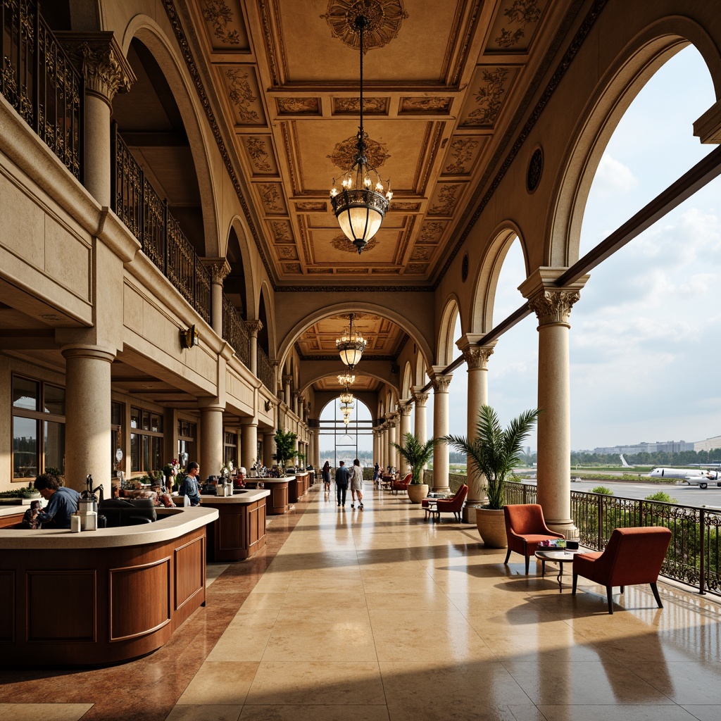 Prompt: Elegant airport terminal, ornate Renaissance-inspired columns, warm beige stone flooring, intricate bronze railings, majestic high ceilings, grand chandeliers, soft warm lighting, luxurious velvet seating areas, sophisticated dark wood accents, harmonious color palette featuring earthy tones of sienna, umber, and moss green, subtle golden metallic highlights, refined marble countertops, ornate fresco ceiling murals, expansive glass windows, panoramic views of airfield, dramatic cloudscape, 1/2 composition, soft focus, atmospheric perspective.