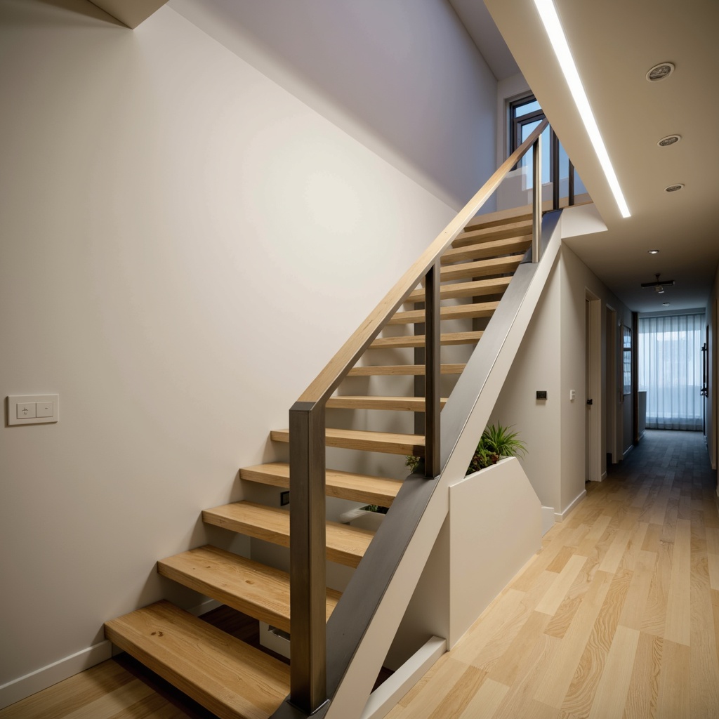 Prompt: Modern staircase, sleek metal handrails, glass balustrades, polished wood treads, minimalist design, open-plan layout, contemporary architecture, bright ambient lighting, LED strip lights, recessed ceiling fixtures, warm white tone, subtle shadowing, 1/1 composition, shallow depth of field, realistic materials, soft focus blur.