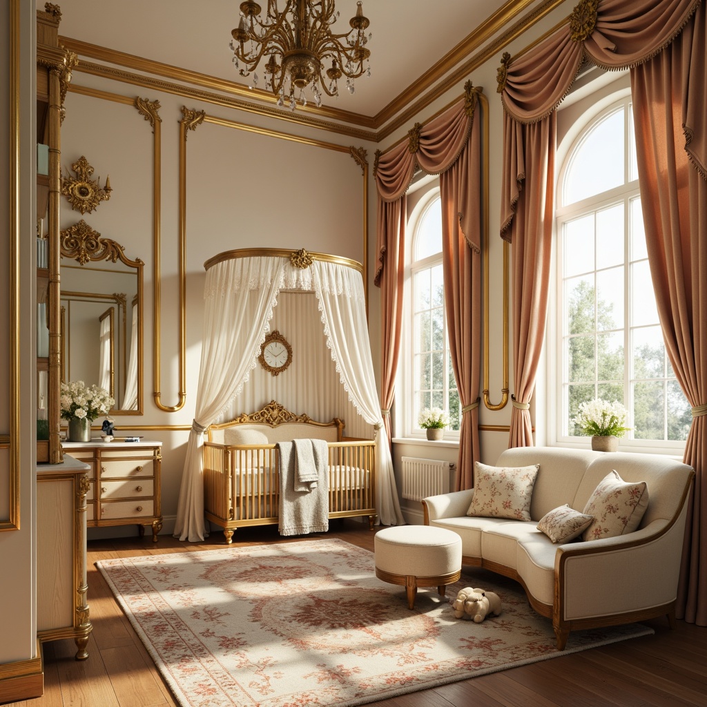 Prompt: Luxurious nursery, ornate gold accents, delicate lace curtains, soft cream walls, plush velvet fabrics, intricately carved wooden crib, antique furniture pieces, grand chandelier, warm golden lighting, subtle fragrance, gentle pastel colors, floral patterns, curved lines, opulent drapery, lavish textiles, Baroque-inspired motifs, 1/1 composition, shallow depth of field, warm soft focus.