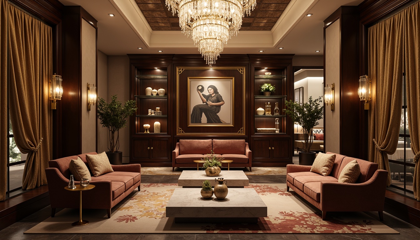 Prompt: Luxurious interior space, ornate chandeliers, plush velvet sofas, marble coffee tables, golden vases, intricately carved wooden cabinets, statement wall art, lavish drapery, crystal door handles, metallic accents, ambient soft lighting, 1/1 composition, shallow depth of field, realistic textures, warm color palette.