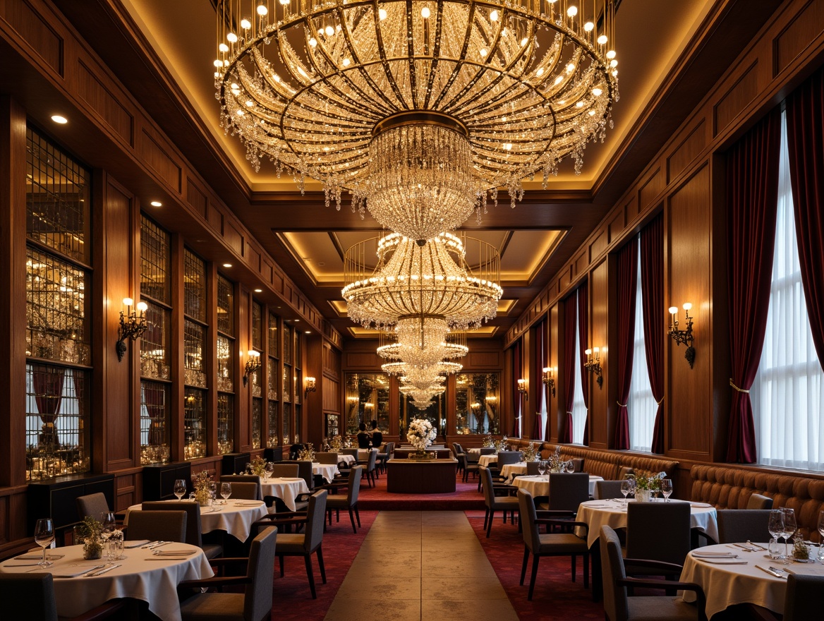 Prompt: Opulent chandeliers, crystal droplets, metallic accents, luxurious dining hall, high ceilings, ornate mirrors, lavish furnishings, rich wood tones, velvet drapes, intricate patterns, geometric shapes, glamorous atmosphere, warm soft lighting, ambient glow, subtle shading, 1/1 composition, symmetrical framing, realistic reflections, detailed textures.