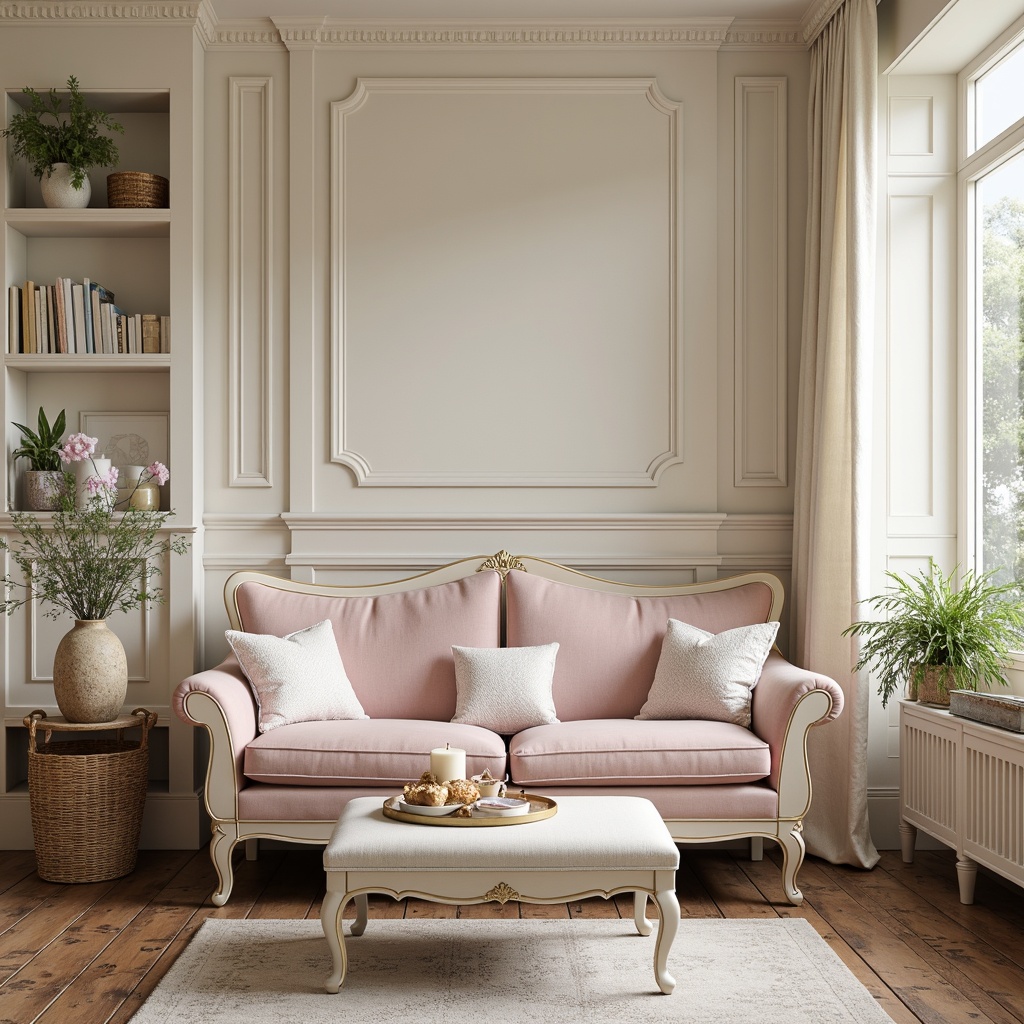 Prompt: Soft creamy whites, distressed wood accents, vintage pastel hues, muted blush pinks, warm beige tones, gentle lavender shades, subtle gold metallic hints, delicate lace patterns, ornate furniture details, plush velvet textures, rustic wooden floors, natural linen fabrics, romantic candlelight ambiance, warm soft focus, shallow depth of field, 1/2 composition.