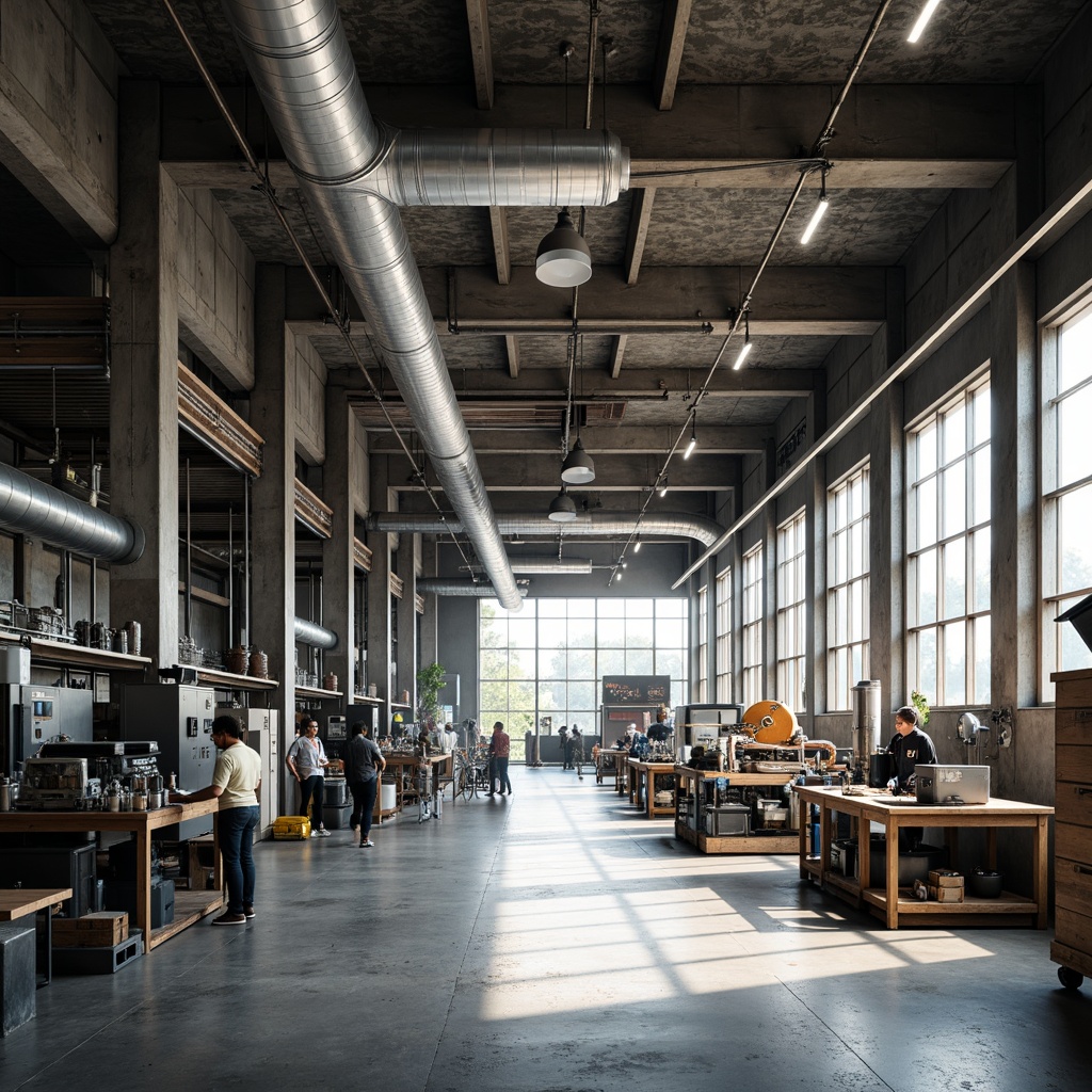 Prompt: Exposed ductwork, industrial chic, metal beams, concrete floors, high ceilings, functional lighting, overhead fixtures, pendant lights, metal shades, exposed bulbs, minimalist design, urban aesthetic, reclaimed wood accents, steel columns, modern machinery, production equipment, assembly lines, factory atmosphere, natural light pouring in, large windows, skylights, bright airy feel, dramatic shadows, high contrast ratio, 1/2 composition, realistic textures, ambient occlusion.