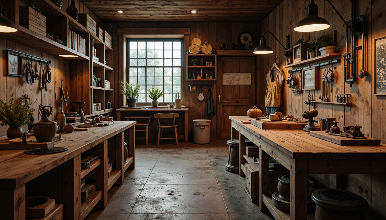 Prompt: Rustic wooden workbenches, distressed metal vices, worn leather aprons, vintage hand tools, wooden crates, industrial lighting fixtures, reclaimed wood accents, earthy color palette, natural textures, cozy workshop atmosphere, warm softbox lighting, shallow depth of field, 1/2 composition, realistic wear and tear, ambient occlusion.