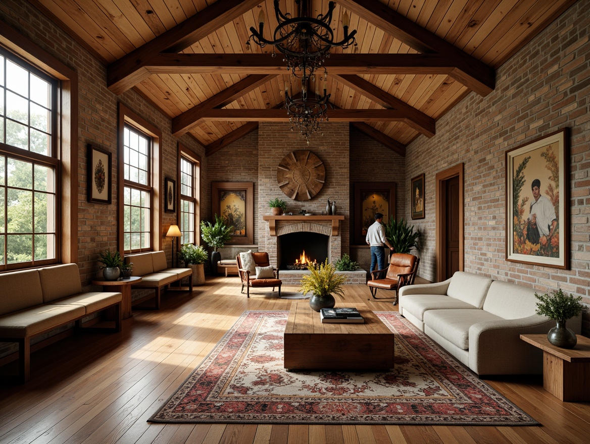 Prompt: Rustic farmhouse, Art Deco accents, ornate metalwork, geometric patterns, luxurious textiles, vintage decorative fixtures, distressed wood finishes, exposed brick walls, natural stone foundations, pitched roofs, dormer windows, symmetrical fa\u00e7ade, rich earthy tones, warm golden lighting, shallow depth of field, 1/1 composition, realistic textures, ambient occlusion.