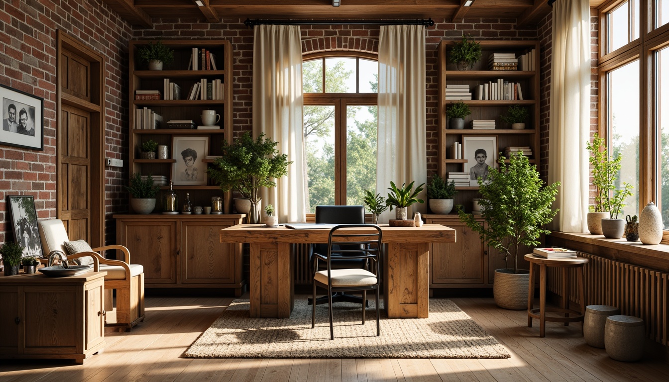 Prompt: Cozy home office, rustic wooden desk, vintage metal chair, natural woven rug, earthy color palette, warm lighting, bookshelves with classic novels, framed family portraits, potted plants, distressed wood accents, brick wall texture, large windows with soft curtains, greenery views, morning sunlight, shallow depth of field, 1/1 composition, realistic textures, ambient occlusion.