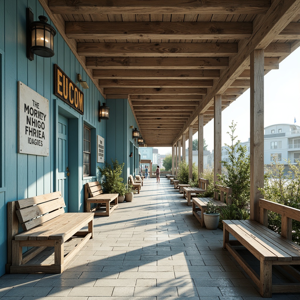 Prompt: Coastal-themed train station, ocean-inspired seating areas, driftwood benches, nautical rope details, sea-glass tile flooring, distressed wood accents, vintage maritime signs, rustic metal lanterns, soft blue and white color scheme, natural light pouring in, shallow depth of field, 1/2 composition, warm sunny day, gentle sea breeze, realistic textures, ambient occlusion.