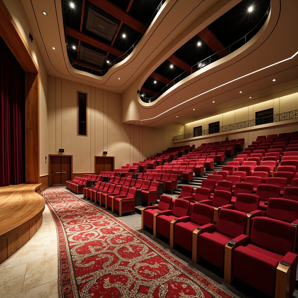 Prompt: Grand auditorium, transitional style interior, plush crimson seats, curved rows, elegant wooden accents, ornate metalwork, subtle lighting fixtures, rich velvet curtains, polished marble floors, intricate patterned rugs, sophisticated sound systems, elevated stage, dramatic spotlights, warm beige walls, luxurious amenities, comfortable legroom, ample aisles, 3/4 composition, shallow depth of field, realistic textures, ambient occlusion.