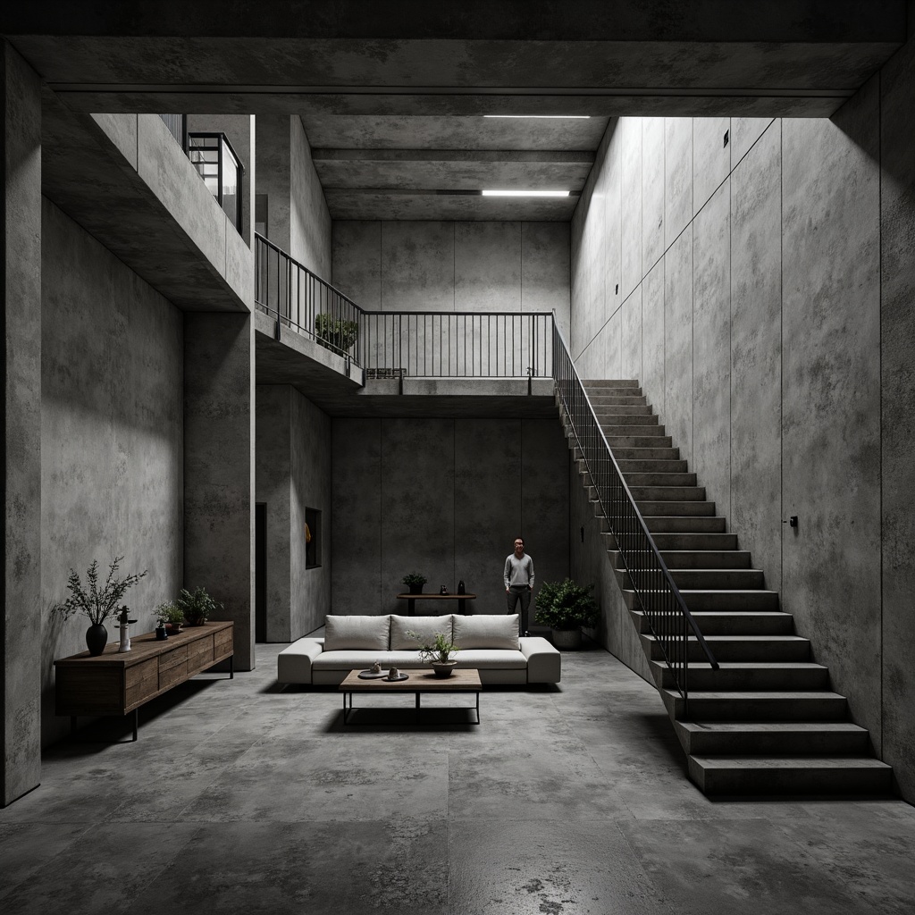 Prompt: Exposed concrete walls, industrial chic aesthetic, brutalist architecture, raw unfinished surfaces, minimalist decor, dimly lit ambiance, metal accents, reclaimed wood furniture, urban loft vibe, polished concrete floors, atmospheric shadows, dramatic staircases, structural columns, poured concrete ceilings, cold monochromatic color scheme, moody lighting, cinematic composition, high contrast ratio, 1/1 aspect ratio, sharp textures, realistic rendering.