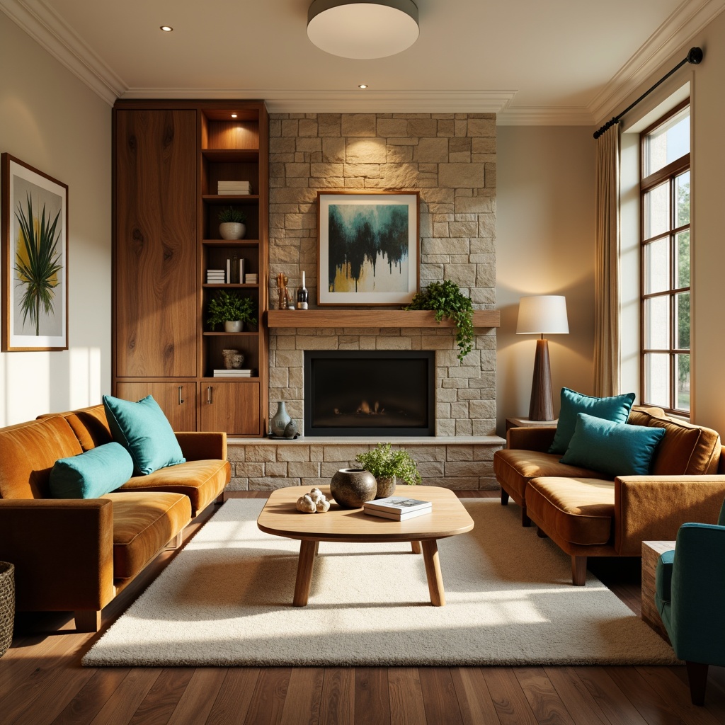 Prompt: Cozy living room, warm beige walls, rich walnut wood furniture, plush velvet sofas, vibrant turquoise accents, soft cream carpets, natural stone fireplace, modern minimalist decor, ambient warm lighting, 1/1 composition, shallow depth of field, realistic textures, comfortable seating arrangements.