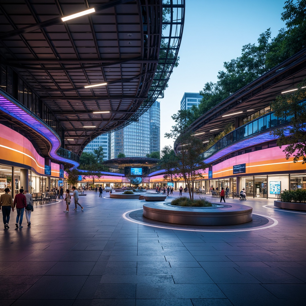 Prompt: Futuristic bus station, sleek metal framework, dynamic LED lights, vibrant color schemes, modern architectural design, curved lines, minimalist aesthetic, spacious waiting areas, comfortable seating, electronic displays, real-time information systems, sustainable energy solutions, solar panels, green roofs, ambient lighting, soft warm glow, shallow depth of field, 3/4 composition, panoramic view, realistic textures, ambient occlusion.