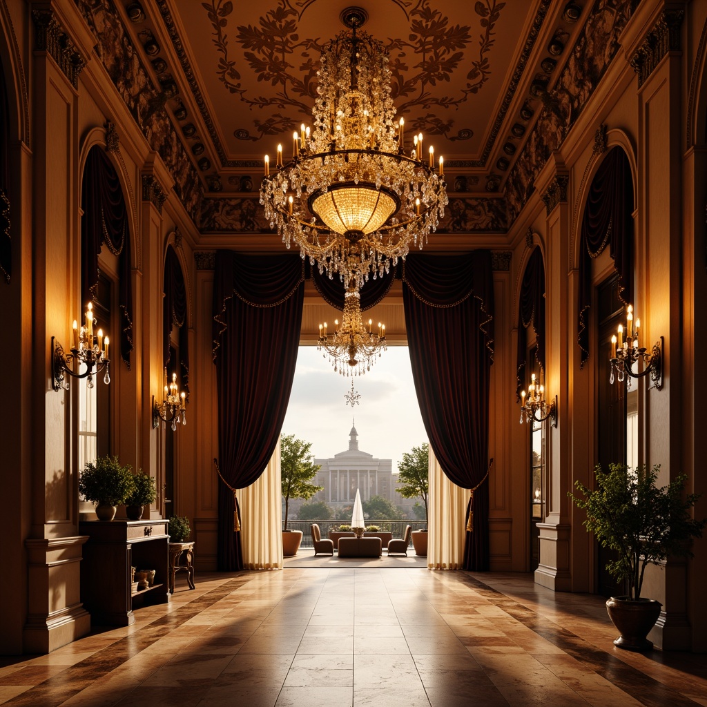 Prompt: Grand chandelier, ornate metalwork, soft warm glow, elegant sconces, crystal droplets, velvet drapes, rich wood paneling, marble flooring, intricate moldings, gilded accents, luxurious fabrics, stately columns, high ceilings, symmetrical composition, 1/1 ratio, dramatic uplighting, subtle sidelighting, golden hour ambiance, cinematic shadows, realistic reflections.