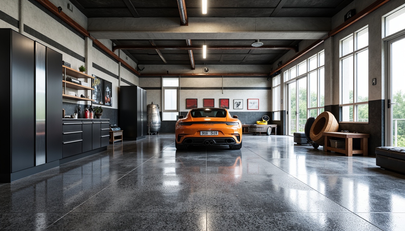 Prompt: Industrial-style garage interior, epoxy-coated concrete floor, metallic sheen, reflective surfaces, high-gloss finish, durable and resistant to oil stains and tire marks, textured non-slip surface, drainage system, modern minimalist decor, bright overhead lighting, spacious open area, sleek metal cabinets, tool storage systems, automotive-themed accessories, bold color scheme, dynamic angular lines.