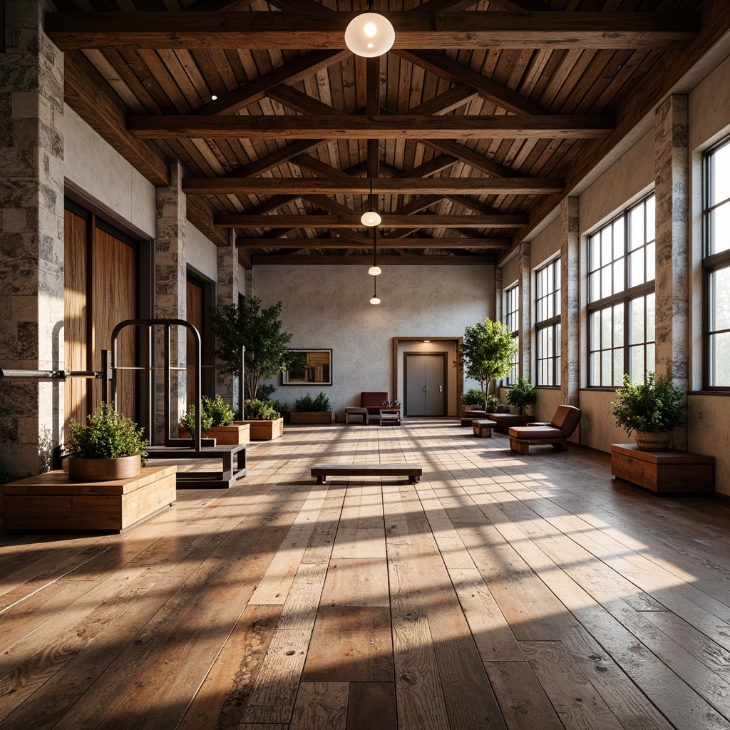 Prompt: Rustic fitness studio, reclaimed wood flooring, distressed finishes, vintage athletic equipment, earthy color palette, natural stone accents, wooden beams, high ceilings, large windows, soft warm lighting, 3/4 composition, shallow depth of field, realistic textures, ambient occlusion.