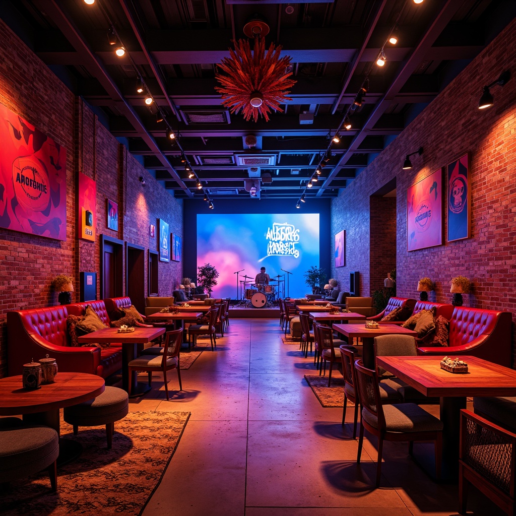 Prompt: Vibrant music venue, expressionism style design, bold red and blue color scheme, abstract geometric patterns, dynamic stage lighting, metallic surfaces, industrial textures, exposed brick walls, polished concrete floors, reclaimed wood accents, eclectic furniture, artistic sculptures, avant-garde decor, immersive atmosphere, warm spotlights, dramatic shadows, 1/2 composition, cinematic view, high-contrast rendering, detailed normal maps.