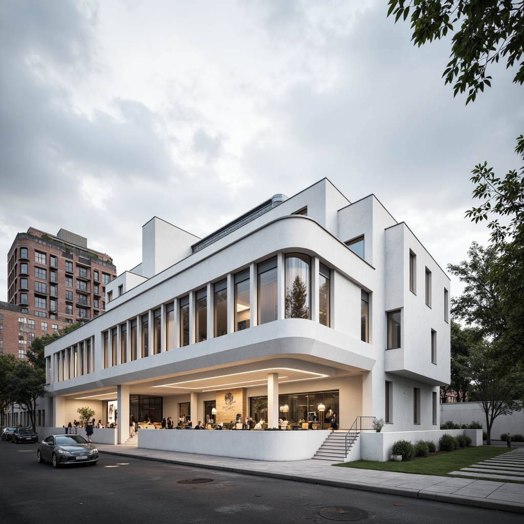 Prompt: Clean-lined Bauhaus building, white minimalist facade, rectangular windows, functional steel beams, industrial-chic interiors, sparse decorative elements, monochromatic color scheme, natural light pouring, geometric shapes, brutalist architecture, urban cityscape background, cloudy grey sky, high-contrast lighting, deep depth of field, 1/1 composition, abstract textures, subtle ambient occlusion.