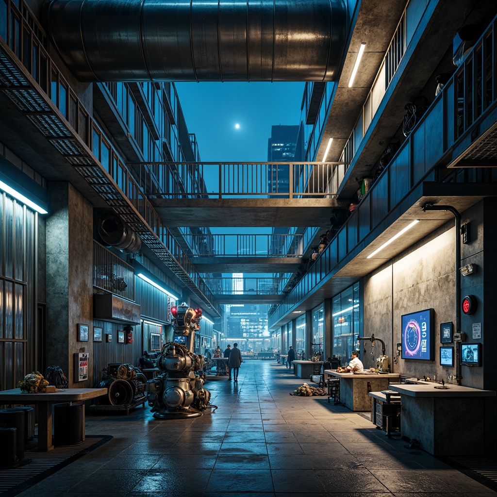 Prompt: Futuristic factory interior, industrial machinery, metallic pipes, concrete floors, exposed ductwork, neon lights, cyberpunk ambiance, sleek robotic arms, futuristic control panels, holographic displays, steel catwalks, urban cityscape views, rainy night atmosphere, high-contrast lighting, shallow depth of field, 2/3 composition, cinematic camera angles, realistic metallic textures, advanced manufacturing technologies.