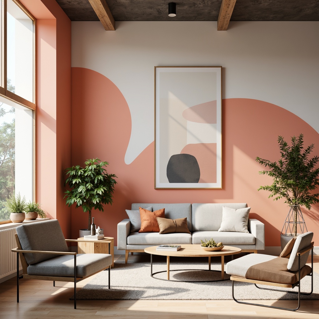 Prompt: Vibrant design studio, modern furniture, sleek metal legs, minimalist decor, bold accent walls, pastel color scheme, soft peach tones, creamy whites, rich charcoal grays, natural wood textures, geometric patterns, abstract artwork, warm ambient lighting, shallow depth of field, 1/1 composition, realistic renderings, subtle gradient effects.