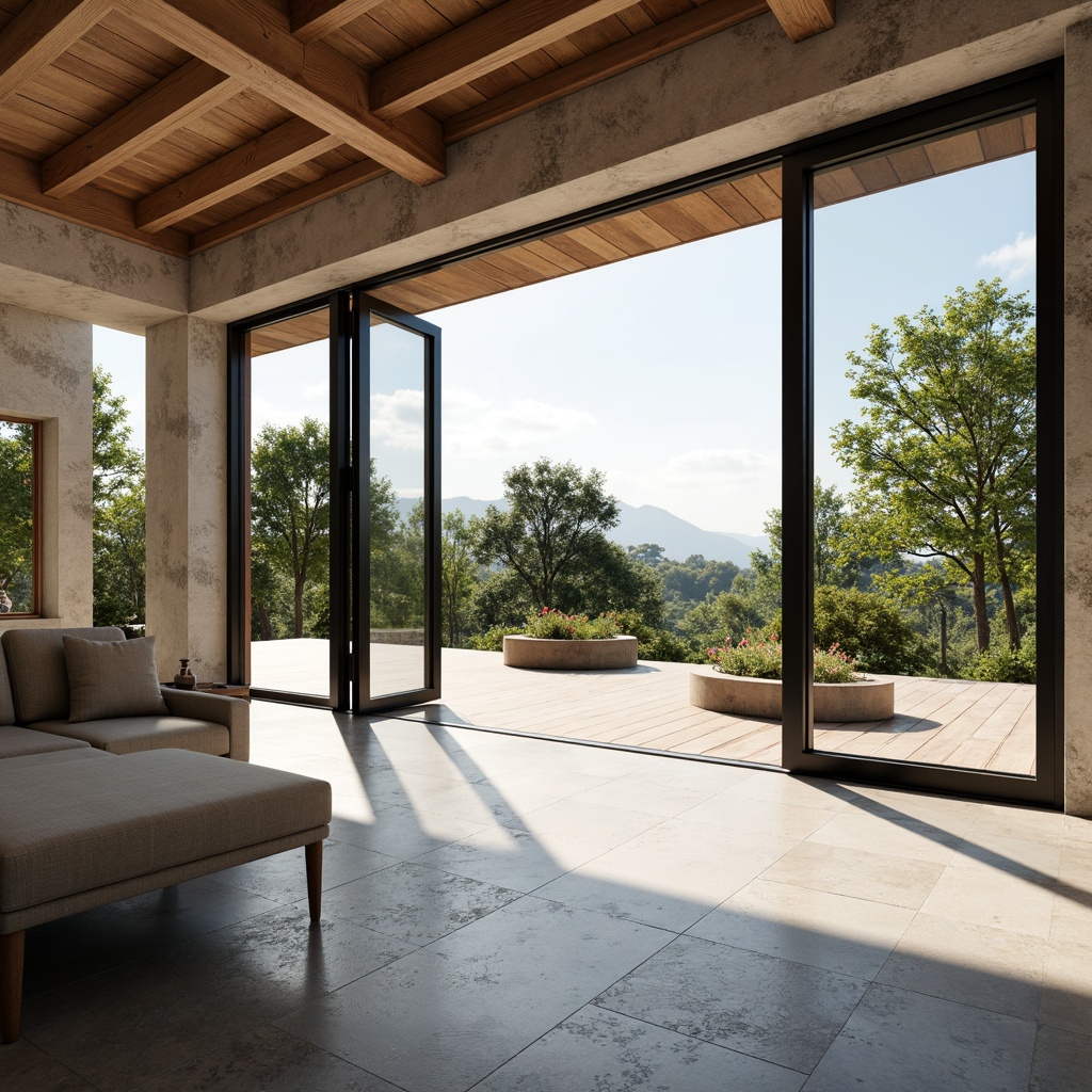 Prompt: Spacious open-plan interior, floor-to-ceiling windows, sliding glass doors, natural stone flooring, wooden accents, minimalist decor, airy atmosphere, abundant daylight, warm sunny day, soft diffused lighting, shallow depth of field, 1/1 composition, panoramic view, realistic textures, ambient occlusion.