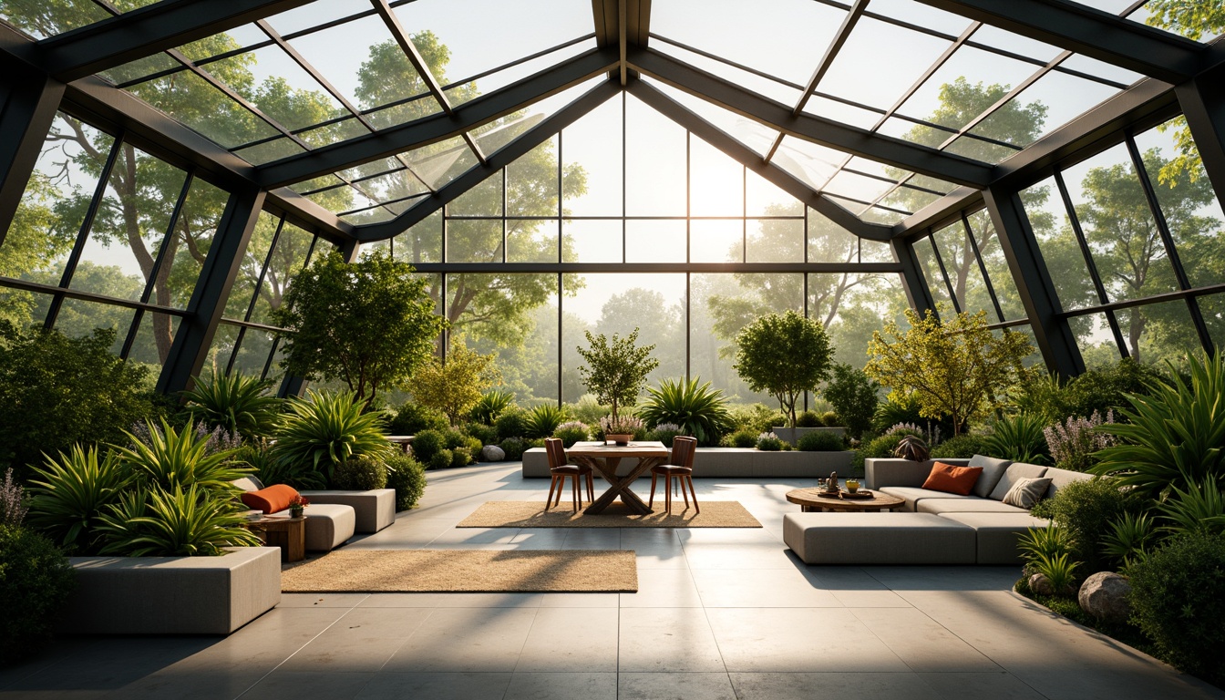 Prompt: Sun-drenched sunroom, futuristic curved lines, sleek metal framework, retractable glass roof, panoramic views, abundant natural light, soft warm ambiance, lush greenery, vibrant tropical plants, automated shading systems, LED grow lights, minimalist decor, eco-friendly materials, polished concrete floors, modern furniture design, bold color accents, shallow depth of field, 3/4 composition, realistic textures, ambient occlusion.