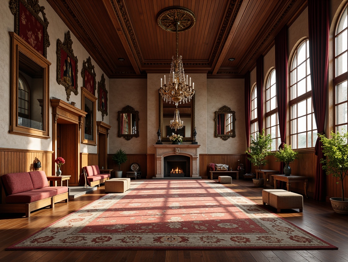 Prompt: Renaissance-style gymnasium, ornate wooden flooring, richly patterned rugs, luxurious velvet drapes, antique bronze chandeliers, ornamental mirrors, regal throne-like benches, vintage athletic equipment, distressed leather ottomans, grandiose stone fireplaces, majestic arched windows, soft warm lighting, shallow depth of field, 2/3 composition, symmetrical layout, realistic textures, ambient occlusion.