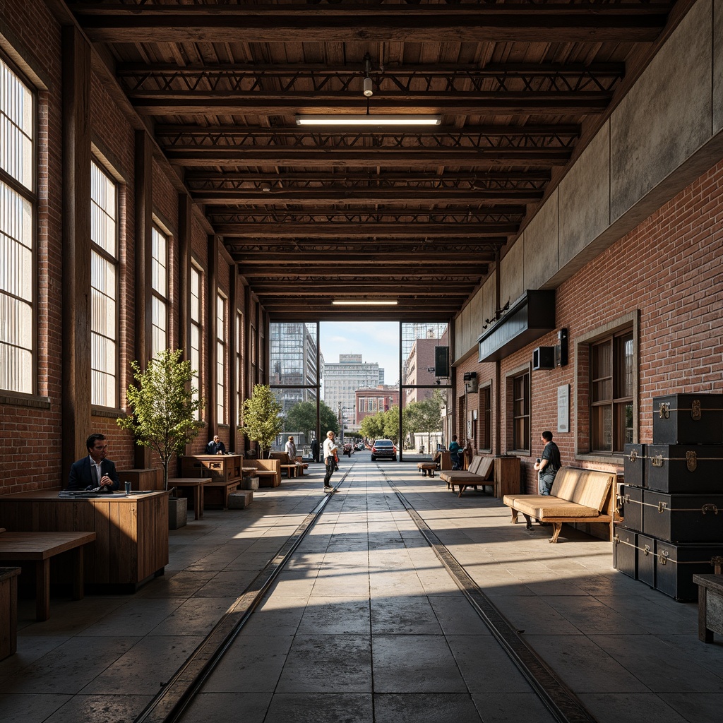 Prompt: Industrial train station, exposed wooden beams, metal columns, rustic brick walls, vintage luggage racks, distressed wood accents, urban cityscape, bustling atmosphere, natural stone flooring, steel tracks, modern industrial lighting, soft warm glow, shallow depth of field, 2/3 composition, realistic textures, ambient occlusion.