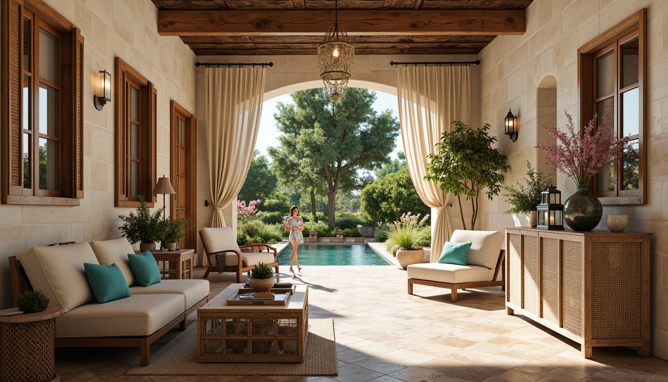 Prompt: Mediterranean-style villa, ornate wooden shutters, soft flowing drapery, natural linen fabrics, warm beige tones, rustic stone walls, turquoise accents, lush greenery, blooming flowers, sunny day, soft warm lighting, shallow depth of field, 3/4 composition, panoramic view, realistic textures, ambient occlusion, decorative ironwork, distressed wood finishes, woven wicker furniture, colorful ceramic tiles, ornate metal lanterns.