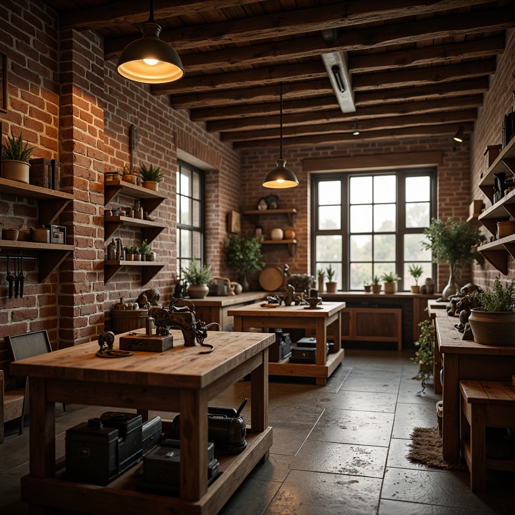 Prompt: Rustic workshop interior, wooden workbenches, vintage metal tools, exposed brick walls, warm industrial lighting, suspended metal lanterns, reclaimed wood accents, earthy color palette, natural textures, cozy atmosphere, soft warm glow, shallow depth of field, 1/1 composition, realistic renderings, ambient occlusion.