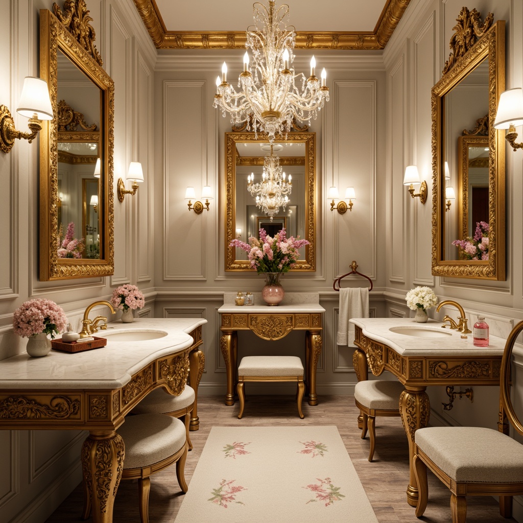 Prompt: Elegant powder room, ornate gold accents, intricate carvings, soft pastel colors, luxurious velvet fabrics, delicate floral patterns, crystal chandeliers, marble countertops, porcelain sinks, gilded mirrors, rococo-style furniture, curved lines, whimsical motifs, feminine touches, intimate ambiance, warm candlelight, shallow depth of field, 1/2 composition, romantic atmosphere.