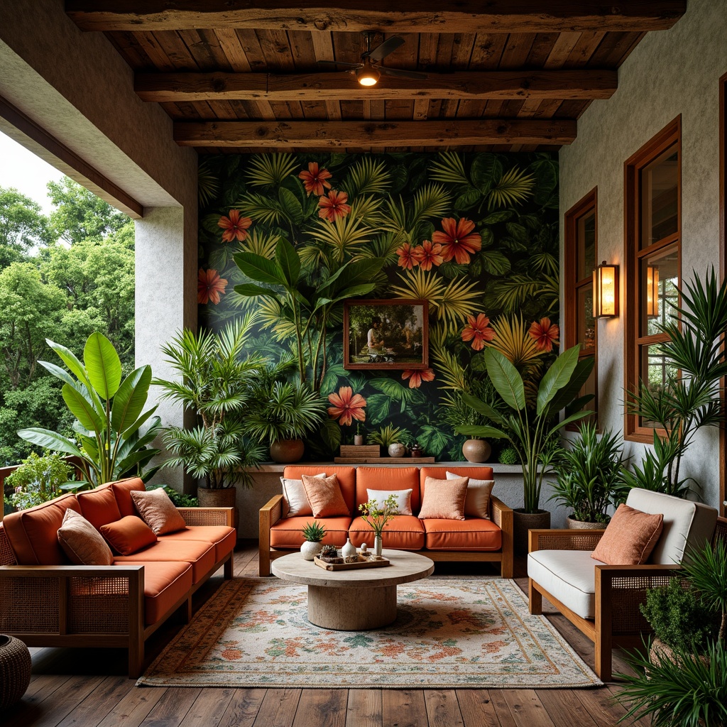 Prompt: Rich tropical atmosphere, lush greenery, natural wood accents, woven rattan furniture, vibrant floral patterns, bold color schemes, rustic stone walls, distressed wooden floors, plush velvet upholstery, metallic gold details, ambient warm lighting, shallow depth of field, 1/2 composition, realistic textures, soft focus effect.