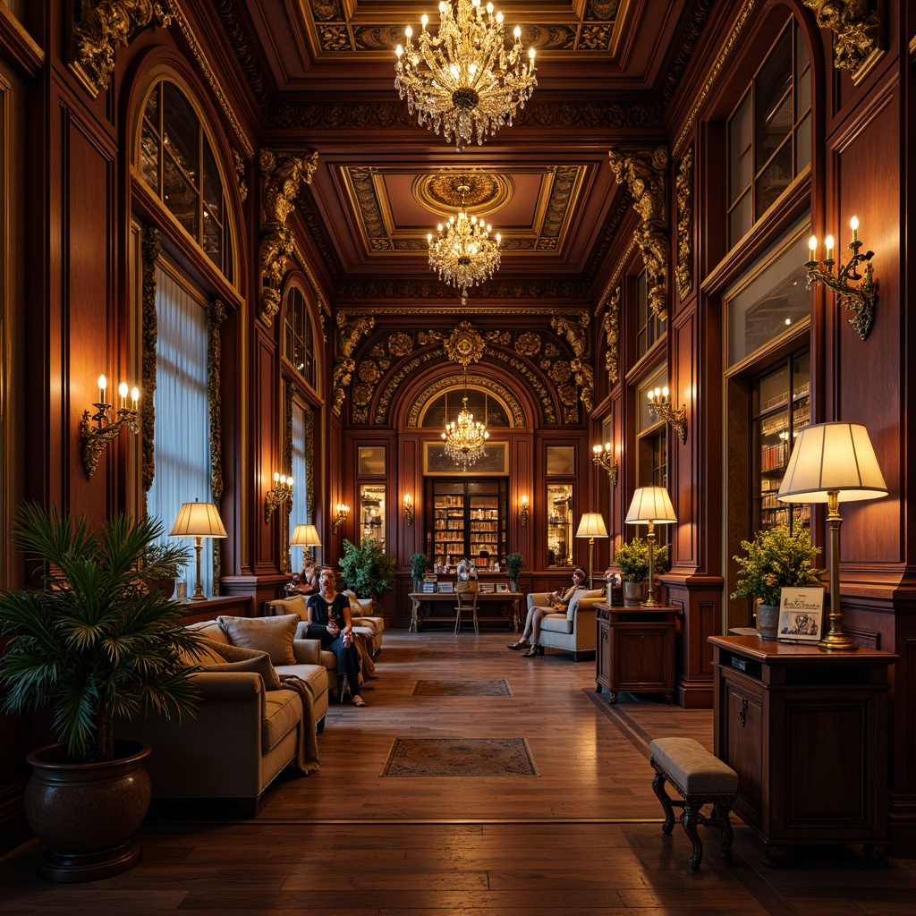 Prompt: Ornate bookstore interior, rich wood paneling, gilded accents, crystal chandeliers, ornamental sconces, bronze lanterns, luxurious velvet drapes, lavish furnishings, intricate carvings, Baroque-style architectural details, warm golden lighting, soft warm glow, dramatic shadows, 1/2 composition, narrow depth of field, realistic textures, ambient occlusion.Let me know if this meets your expectations!