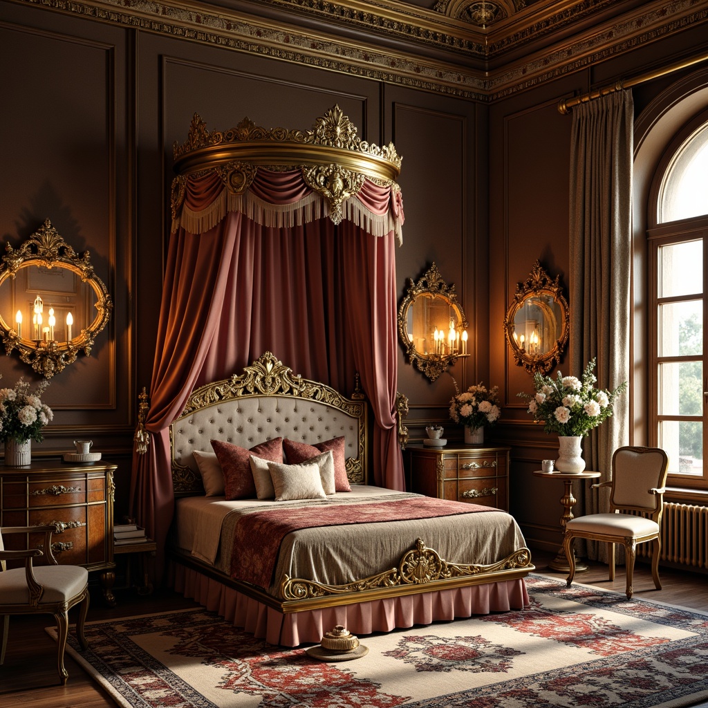 Prompt: Ornate crib, intricately carved wooden panels, soft velvet upholstery, golden accents, lavish drapery, richly patterned rugs, delicate lace trim, antique furniture pieces, ornamental mirrors, crystal chandeliers, warm candlelight, luxurious fabrics, opulent textures, curved lines, grandiose scale, 1/1 composition, dramatic lighting, warm color palette, indulgent atmosphere.