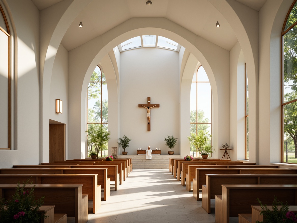 Prompt: Minimalist church interior, Nordic aesthetic, light-filled nave, wooden pews, candlelit altar, simple crucifix, neutral color palette, blonde wood accents, vaulted ceiling, clerestory windows, subtle texture patterns, ambient soft lighting, shallow depth of field, 2/3 composition, symmetrical framing, airy atmosphere, peaceful ambiance, serene natural surroundings, lush greenery, blooming flowers.