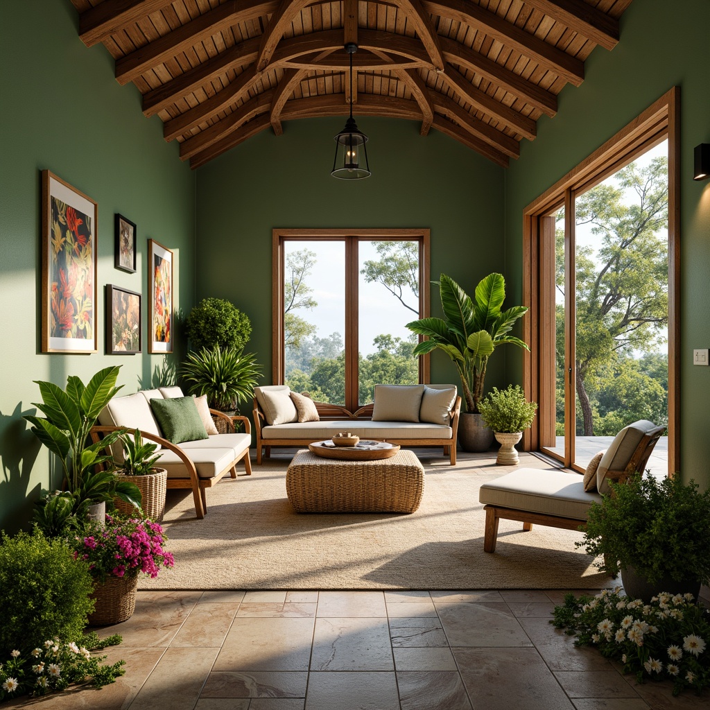 Prompt: Cozy sunroom, lush green walls, natural stone flooring, reclaimed wood accents, earthy color palette, organic shapes, curved lines, abundant daylight, soft warm lighting, serene ambiance, tropical plants, vibrant flowers, rattan furniture, woven textiles, nature-inspired artwork, panoramic views, sliding glass doors, minimalist decor, eco-friendly materials, sustainable design elements, ambient occlusion, realistic textures, shallow depth of field.