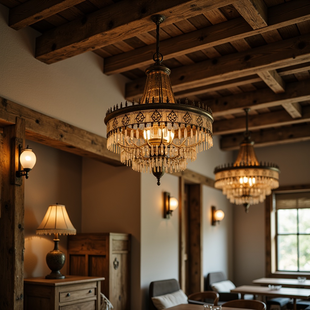 Prompt: Distressed wooden chandeliers, ornate metal sconces, vintage pendant lamps, lace-trimmed shades, soft warm glow, rustic bronze fixtures, elegant crystal drops, creamy white candlesticks, antique mercury glass, distressed wood beams, natural linen fabrics, earthy color palette, cozy intimate ambiance, shallow depth of field, 1/2 composition, warm golden lighting, realistic textures, ambient occlusion.