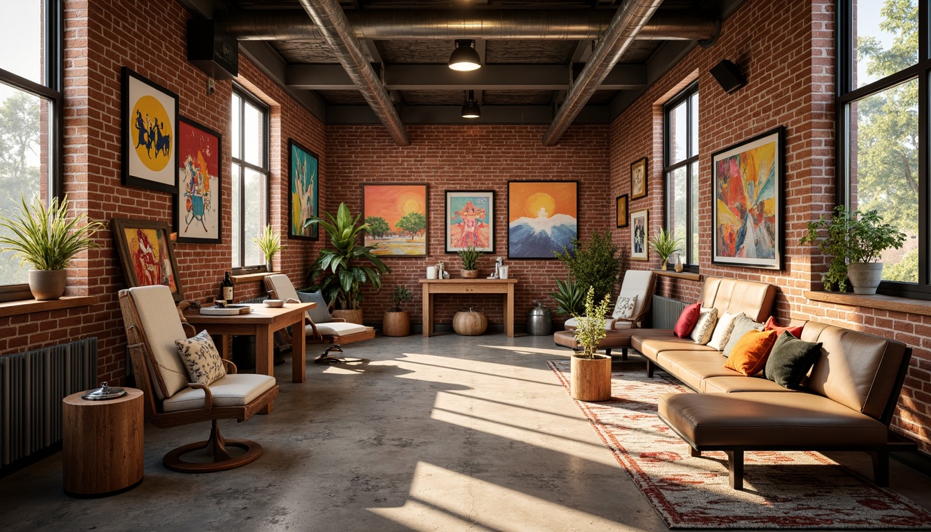 Prompt: Vibrant art studio, industrial chic decor, exposed brick walls, metal beams, reclaimed wood accents, eclectic artwork displays, colorful fabric textiles, abstract geometric patterns, bold brushstroke paintings, warm golden lighting, soft natural textures, earthy tone color scheme, 3/4 composition, shallow depth of field, realistic materials rendering.