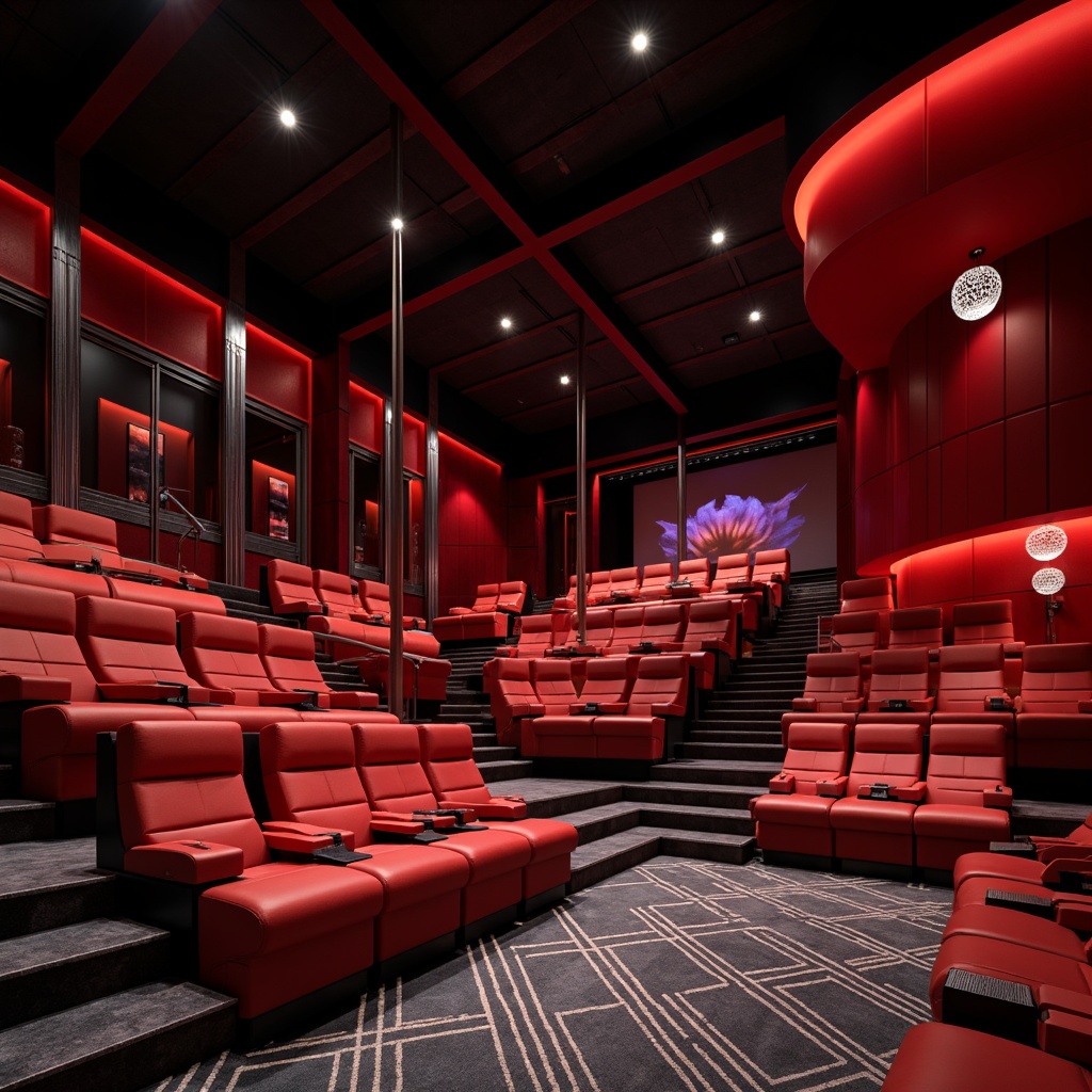 Prompt: Bauhaus-inspired cinema interior, bold red accent walls, sleek metallic beams, minimalist decor, geometric patterned floors, avant-garde seating arrangement, curved rows, stepped platforms, plush velvet chairs, stainless steel armrests, adjustable headrests, ambient LED lighting, cinematic screen, state-of-the-art sound system, futuristic atmosphere, dynamic camera angles, shallow depth of field, 2/3 composition, symmetrical framing, vibrant color grading.