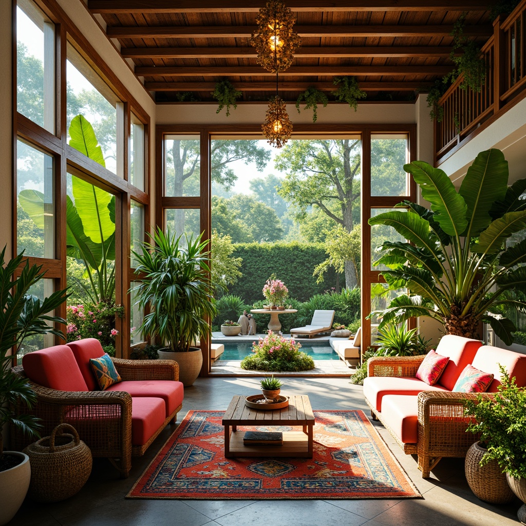 Prompt: Vibrant tropical interior, lush greenery, exotic plants, wicker furniture, natural wood accents, rattan decor, bold colorful textiles, patterned rugs, statement lighting fixtures, airy open spaces, floor-to-ceiling windows, sliding glass doors, indoor water features, tropical flowers, palms trees, ferns, bromeliads, bird's nest ferns, bright warm lighting, shallow depth of field, 1/1 composition, realistic plant textures, ambient occlusion.