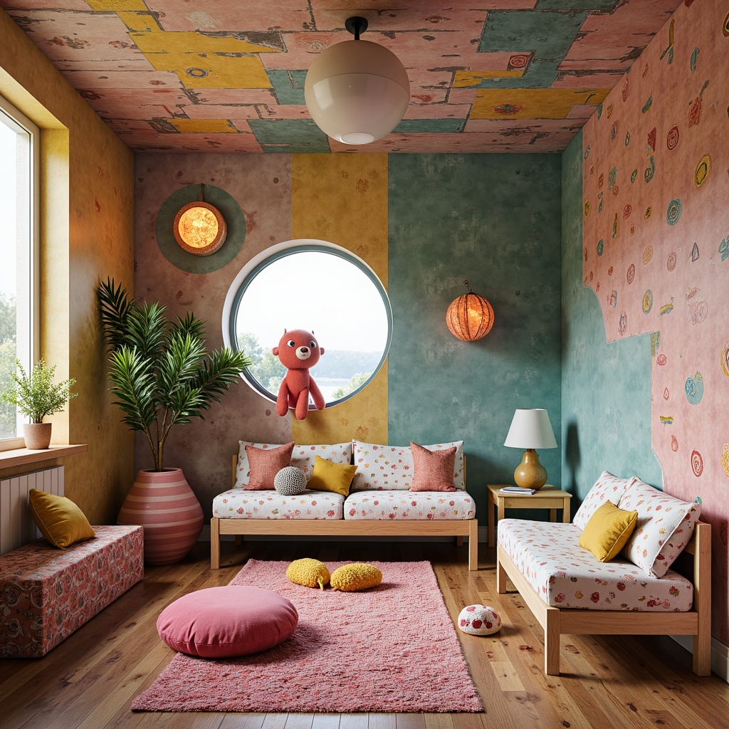 Prompt: Vibrant kids' room, whimsical furniture, bold colorful accents, playful textures, postmodernist architecture, irregular shapes, eclectic mix of patterns, distressed finishes, repurposed materials, oversized decorative elements, fantastical creatures, dreamlike atmosphere, softbox lighting, shallow depth of field, 1/1 composition, wide-angle lens, warm pastel colors, wooden flooring, cozy reading nooks, plush area rugs, geometric-shaped pillows, minimalist wall decor.