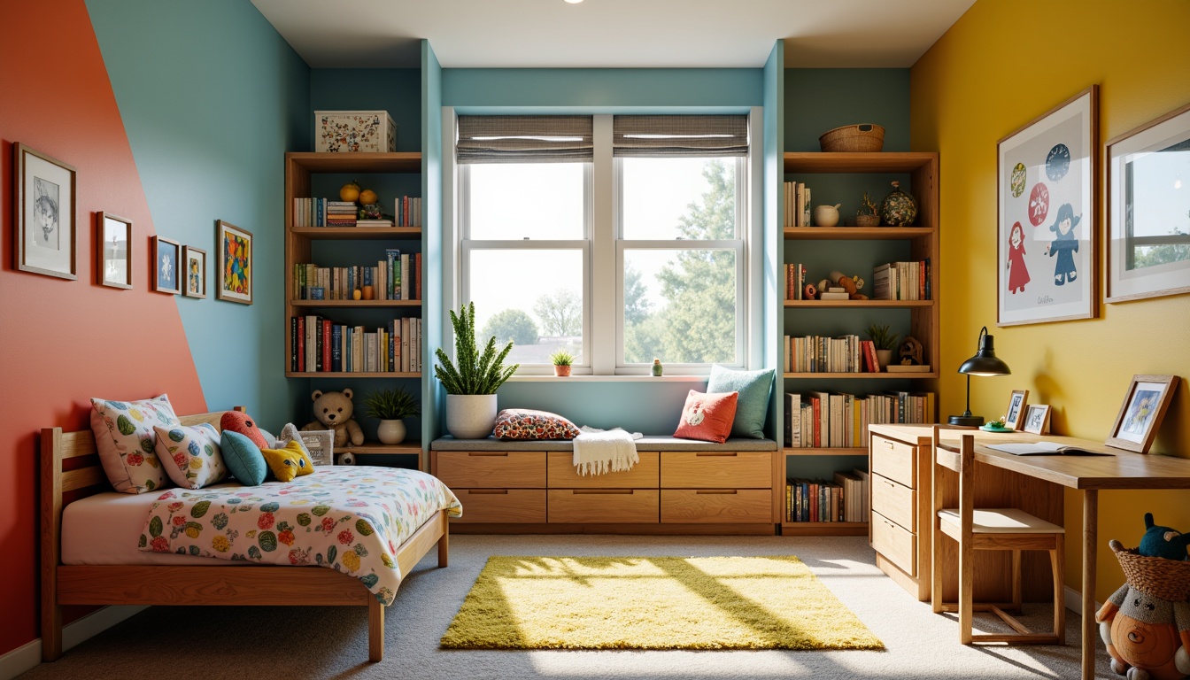 Prompt: Vibrant kid's bedroom, cozy reading nook, plush carpet flooring, sturdy wooden furniture, bright colored walls, fun patterned bedding, soft cushioned chairs, wooden desk with storage, colorful bookshelves, framed kid's artwork, playful themed decor, natural light pouring in, shallow depth of field, 1/2 composition, warm and inviting atmosphere.