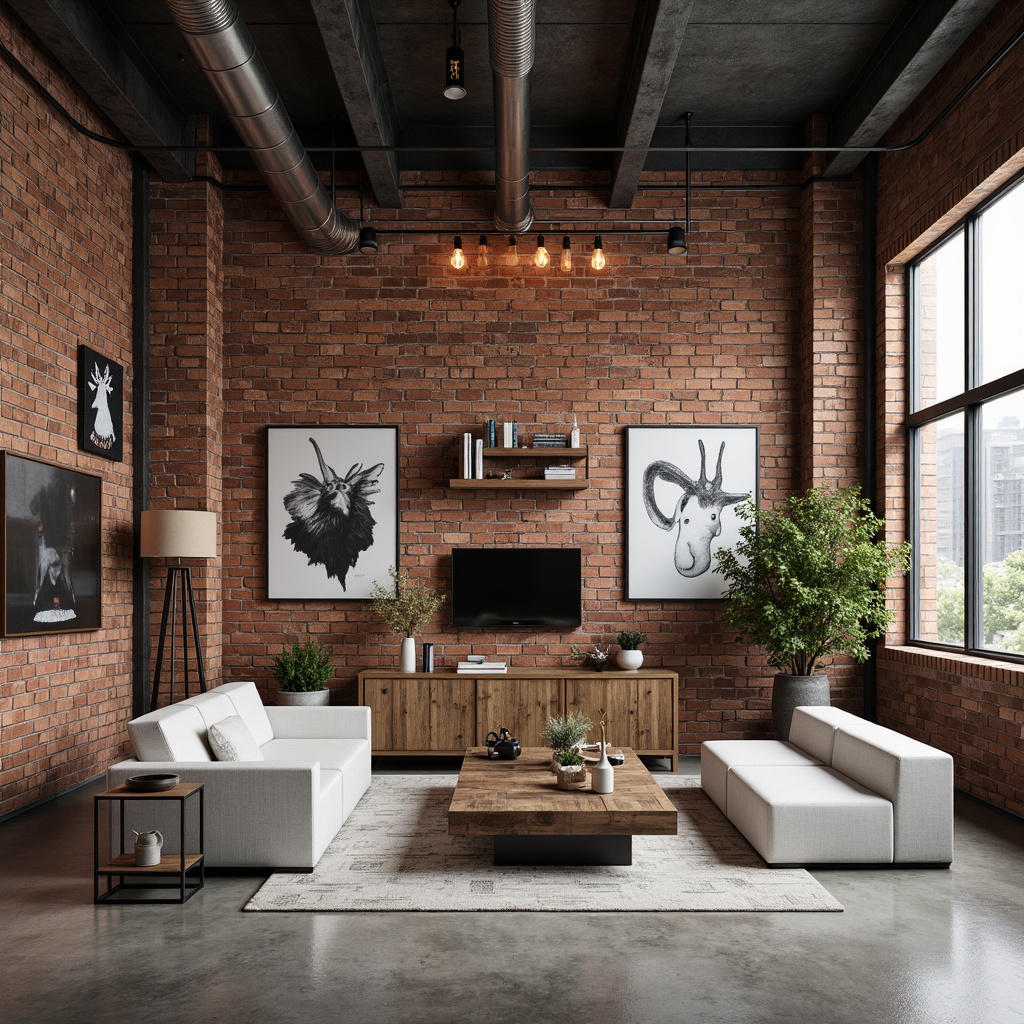 Prompt: Exposed brick walls, industrial metal beams, polished concrete floors, minimalist furniture, sleek low-profile sofas, geometric-shaped coffee tables, metallic accents, Edison bulb lighting, reclaimed wood shelves, functional decor, urban loft atmosphere, soft natural light, subtle color palette, 1/1 composition, symmetrical framing, shallow depth of field, high contrast ratio, realistic textures, ambient occlusion.