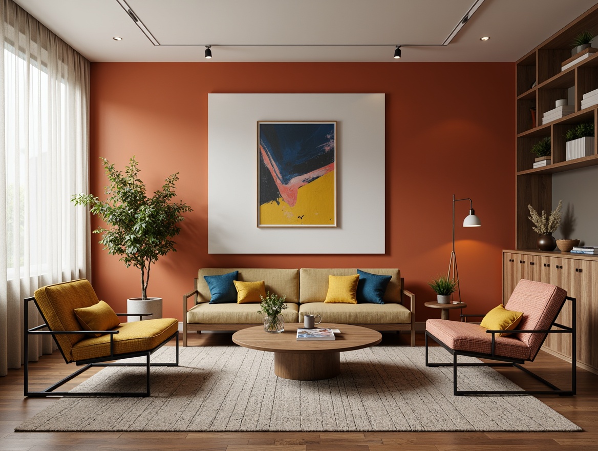 Prompt: Minimalist living room, bold color blocking, geometric patterns, woven wool textiles, tubular steel furniture, sleek wooden accents, industrial-chic lighting fixtures, abstract artwork, functional simplicity, clean lines, rectangular shapes, primary colors, natural materials, organic forms, subtle texture contrasts, warm atmospheric lighting, 1/1 composition, shallow depth of field, realistic fabric renderings.