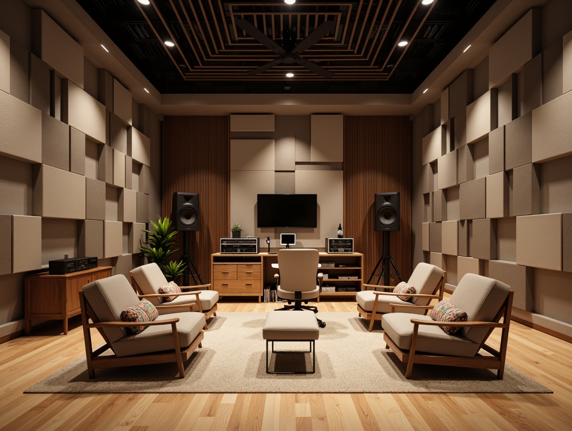 Prompt: Modern recording studio, soundproofed walls, acoustic panels, geometric patterns, diffused reflections, minimal reverberation, optimized sound waves, professional audio equipment, comfortable seating areas, wooden flooring, ambient lighting, warm neutral colors, 1/1 composition, shallow depth of field, realistic textures, soft box shadows.