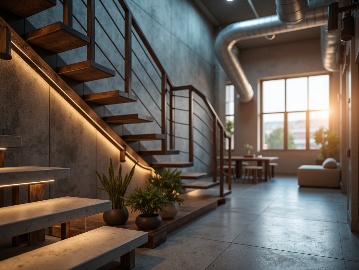 Prompt: Sleek handrails, minimalist design, stainless steel material, rounded edges, ergonomic grip, LED lighting integration, modern staircase, open risers, floating steps, industrial chic aesthetic, polished concrete floors, exposed ductwork, urban loft atmosphere, natural light pouring in, soft warm glow, shallow depth of field, 3/4 composition, panoramic view.