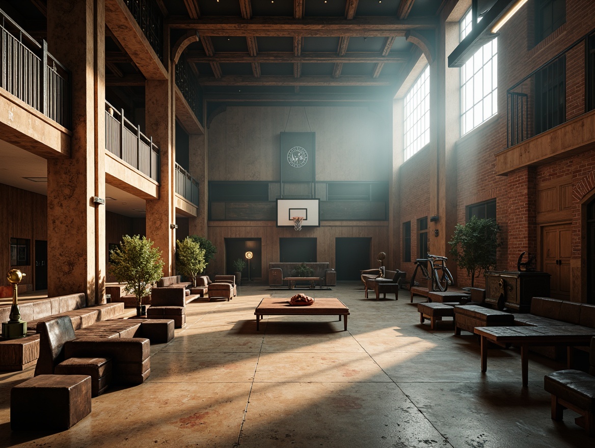 Prompt: Rustic gymnasium interior, distressed wood accents, vintage sports equipment, worn leather benches, industrial metal beams, exposed brick walls, dramatic spotlighting, warm earthy tones, bold geometric patterns, textured concrete floors, reclaimed wooden bleachers, eclectic mix of modern and antique furniture, atmospheric foggy lighting, shallow depth of field, 2/3 composition, cinematic angles, gritty realistic textures, ambient occlusion.