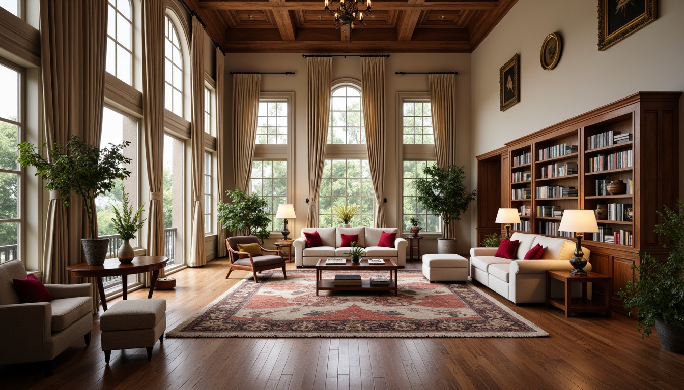 Prompt: Elegant great room, high ceiling, large windows, natural light, hardwood floors, plush area rug, comfortable sofas, accent chairs, wooden coffee table, ornate bookshelves, academic-style decor, classic wall art, rich wood tones, warm beige walls, soft cream curtains, luxurious fabrics, traditional furniture pieces, vintage accessories, cozy reading nooks, warm floor lamps, 1/2 composition, shallow depth of field, realistic textures, ambient occlusion.